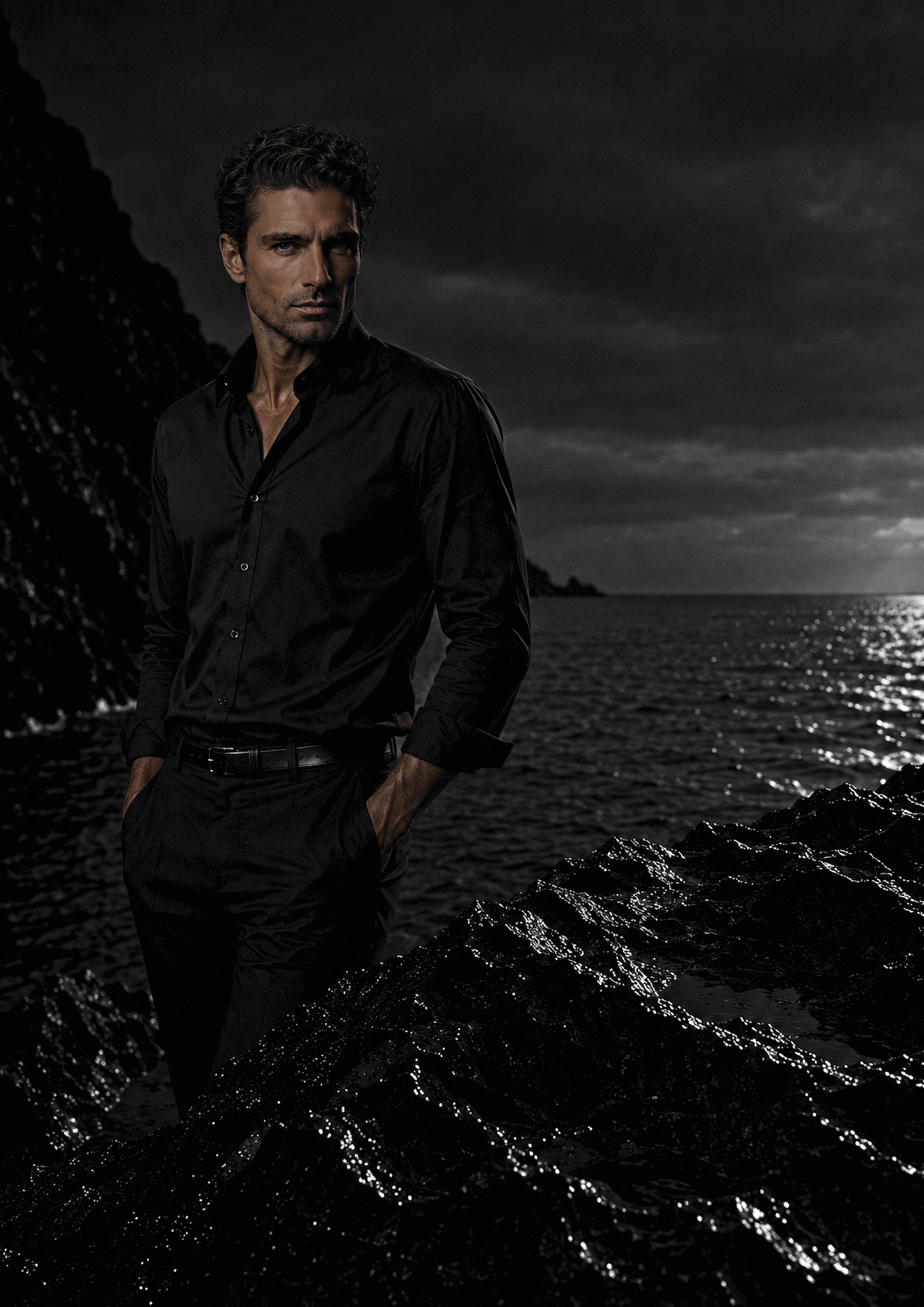 Om de Mond Matter and Gesture — masculine presence on black rocks by the sea